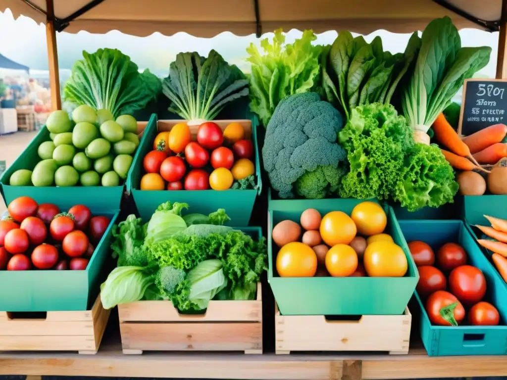 Mercado de frutas y verduras: acuarela detallada Un puesto de mercado rebosante de frutas y verduras orgánicas, con una explosión de colores frescos