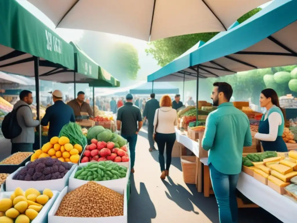 Puesto de mercado lleno de coloridas opciones saludables Un puesto de mercado rebosante de snacks saludables recomendados por expertos