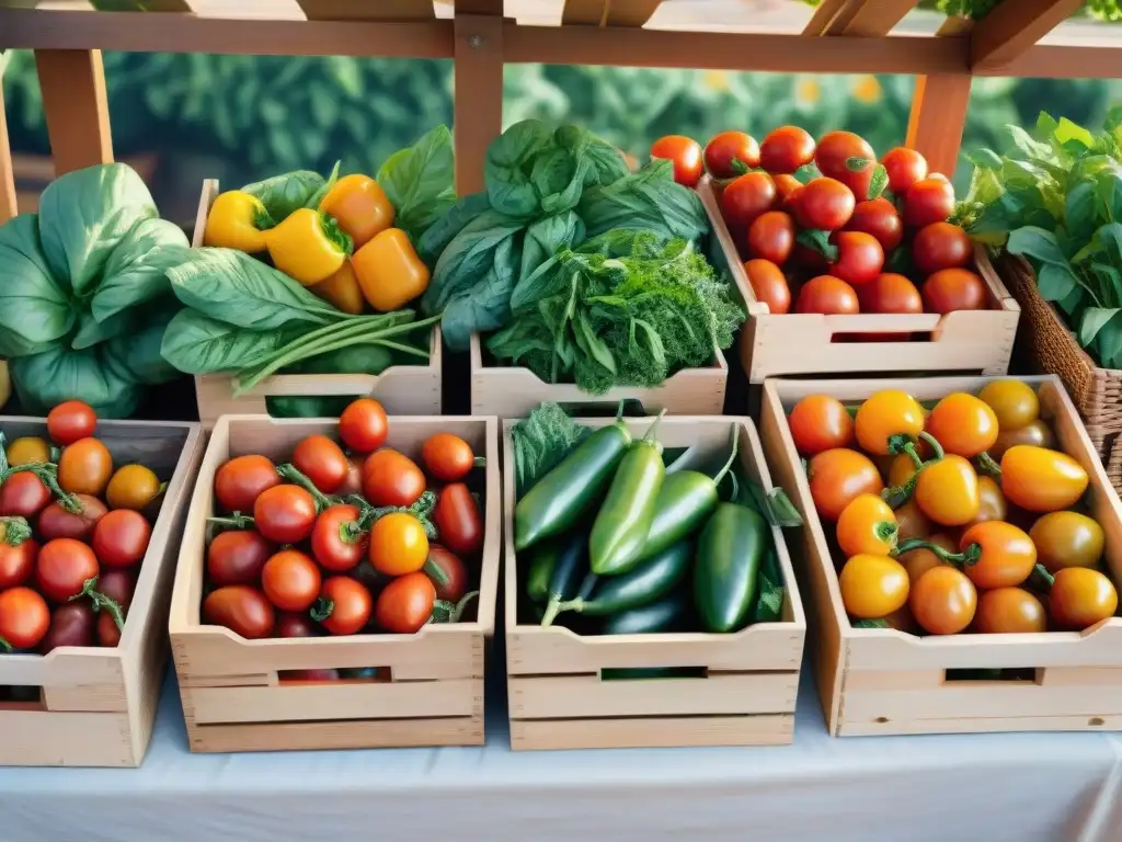 Mercado campesino: una explosión de vegetales frescos en acuarela Un puesto de mercado rebosante de vegetales orgánicos frescos, bañado por cálida luz solar