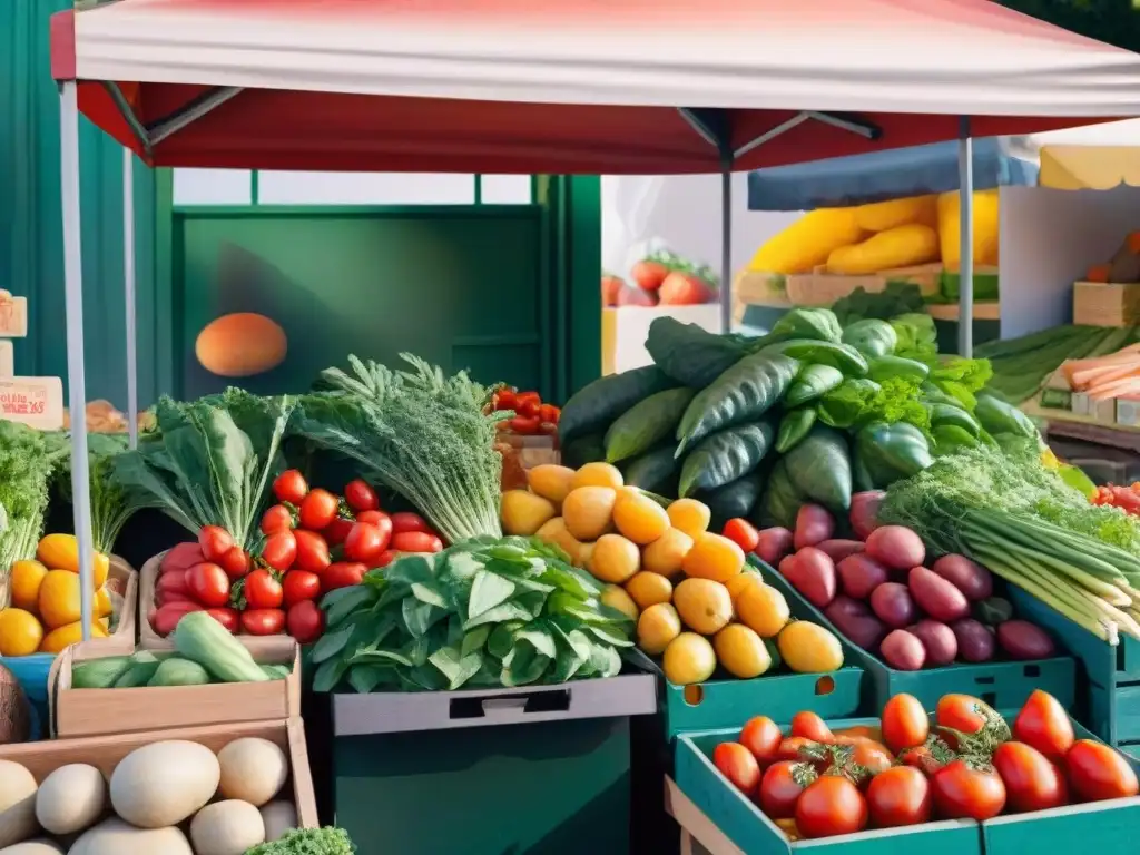 Puesto de mercado lleno de snacks vegetarianos frescos y coloridos Un puesto de mercado repleto de snacks vegetarianos saludables para dieta: zanahorias, tomates, pimientos y verduras frescas bajo la luz del sol