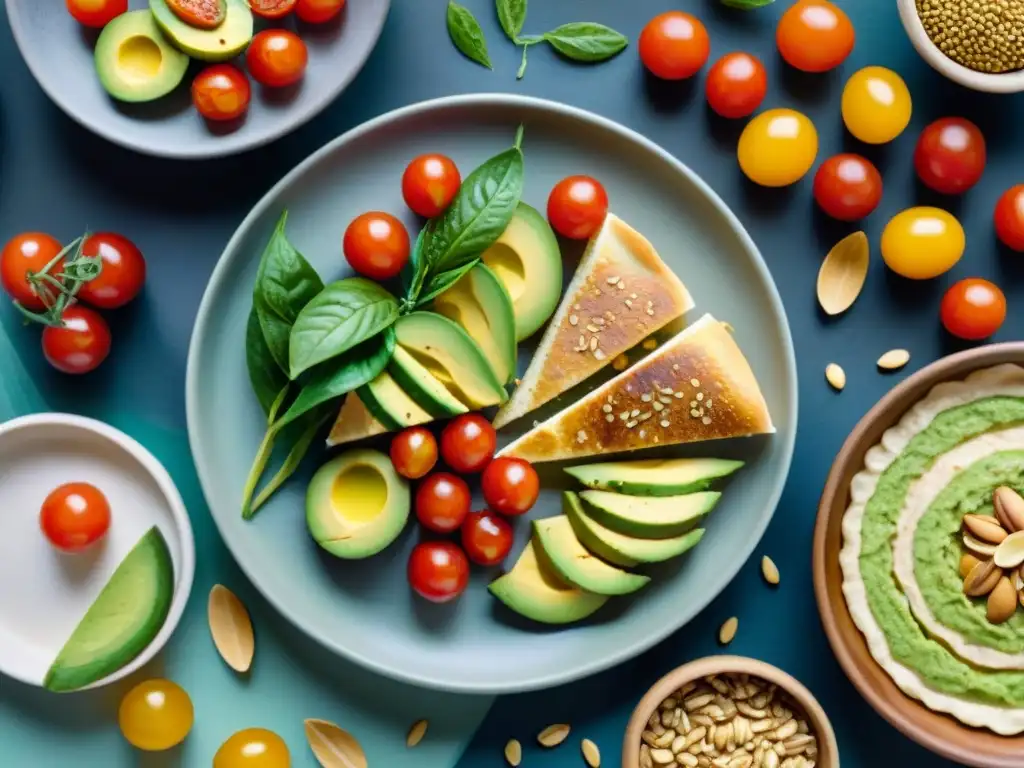 Deliciosos snacks vegetarianos en acuarela Sabrosos snacks vegetarianos saludables para dieta, como tostada de aguacate, frutos secos, verduras con hummus y brochetas de frutas frescas