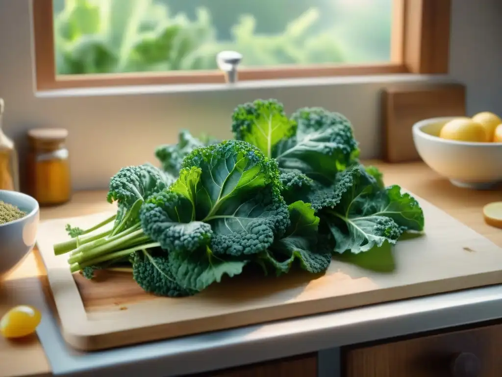 Deliciosas chips de kale: ilustración detallada en acuarela Unas saludables chips de kale caseras en una cocina moderna