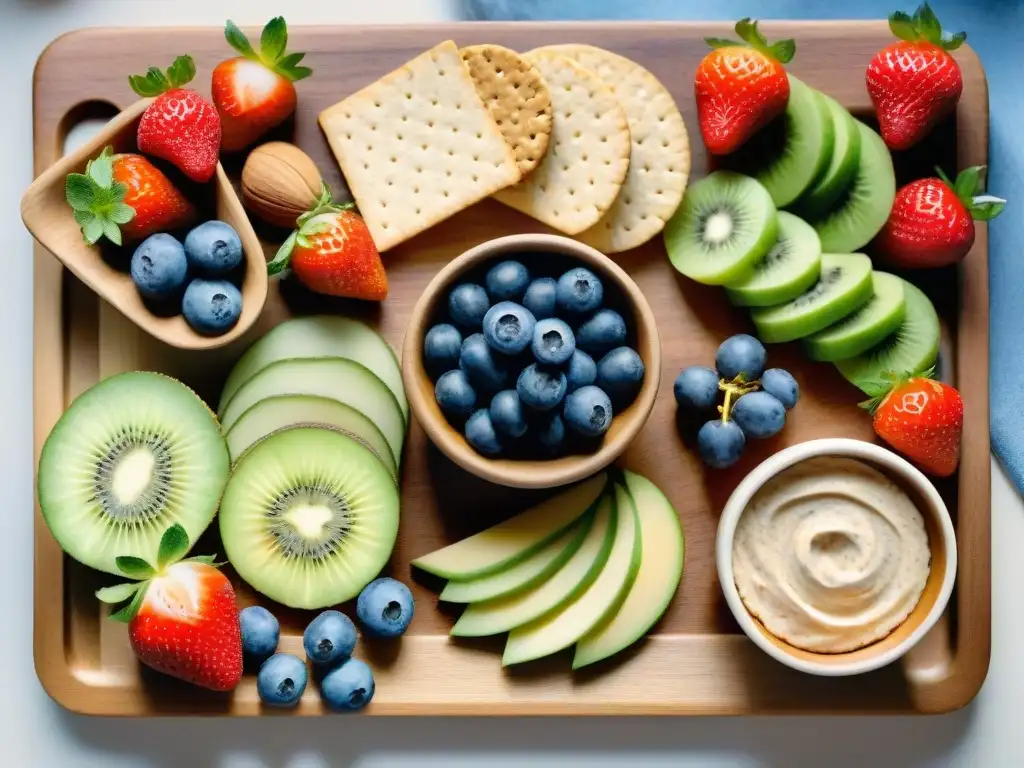 Bodegón de snacks saludables: frutas, crackers y frutos secos Una selección de snacks saludables para antojos, detallados en acuarela sobre tabla de madera