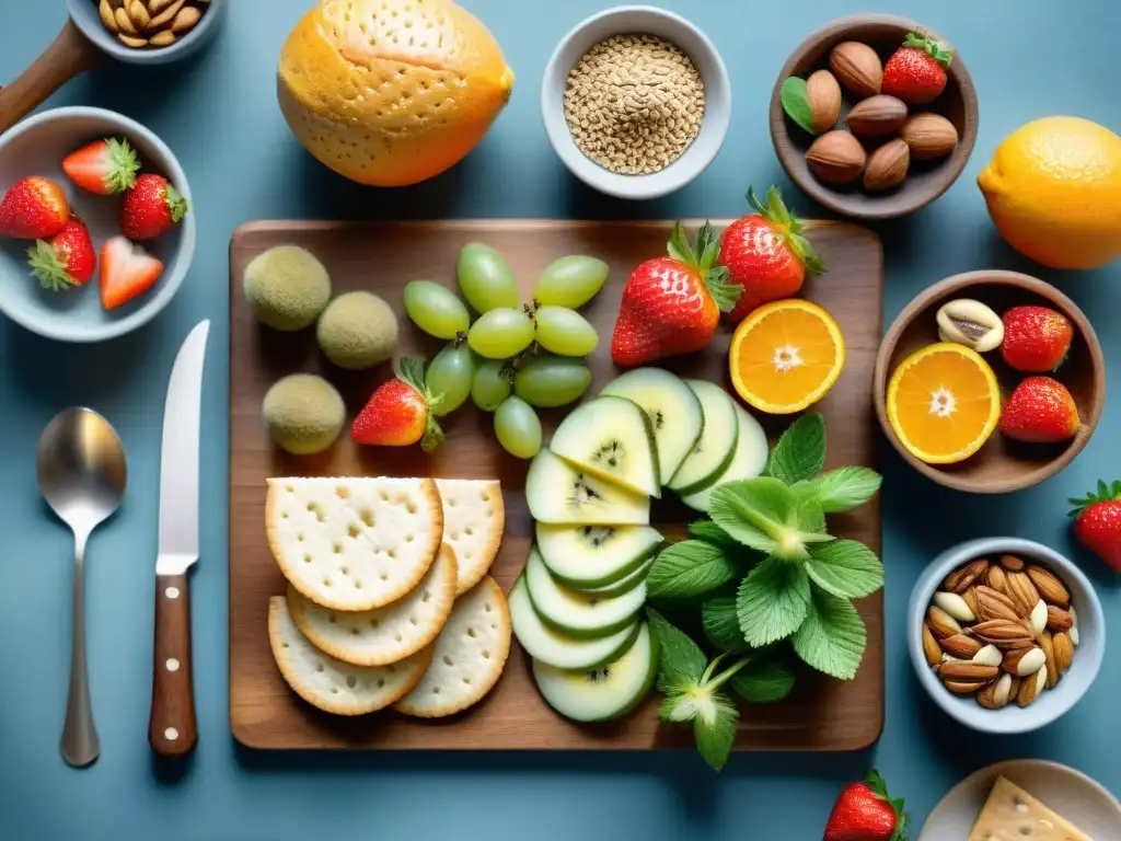 Deliciosa variedad de snacks saludables en acuarela Una selección vibrante de snacks saludables para nutrir, como frutas y frutos secos, en una tabla de madera