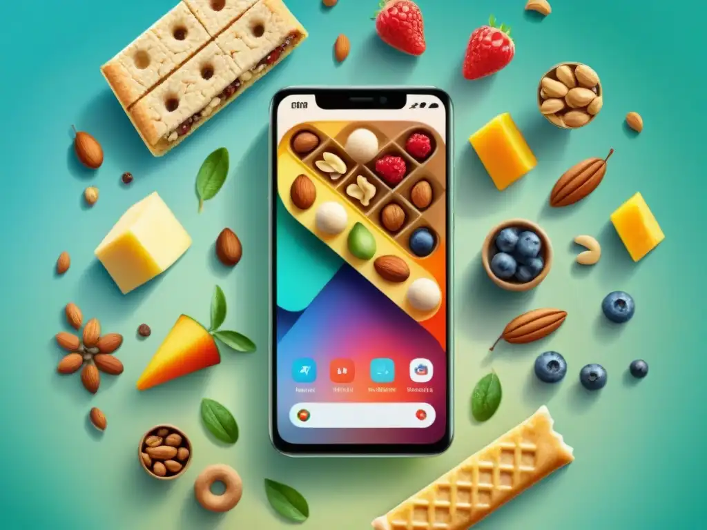 Smartphone con snacks saludables: apps nutrición y bienestar Un smartphone rodeado de snacks saludables con apps de nutrición