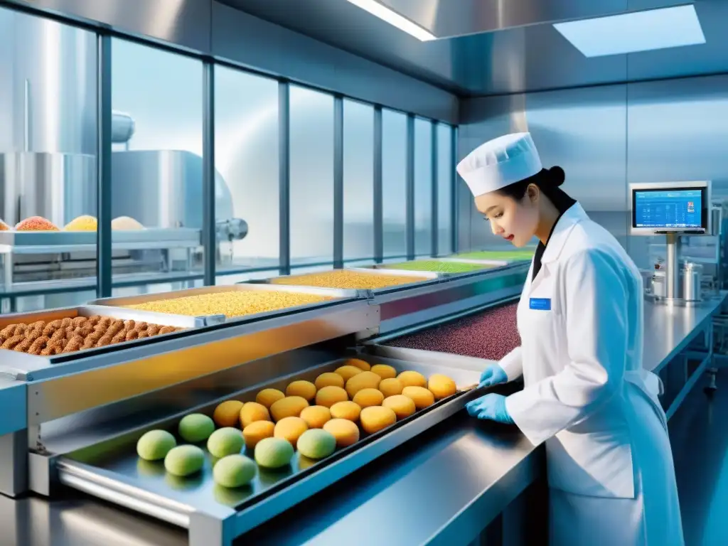 Fabricación de snacks saludables y libres de alérgenos en planta moderna Producción de snacks saludables sin alérgenos en instalación moderna y futurista con maquinaria de vanguardia y ambiente limpio y eficiente