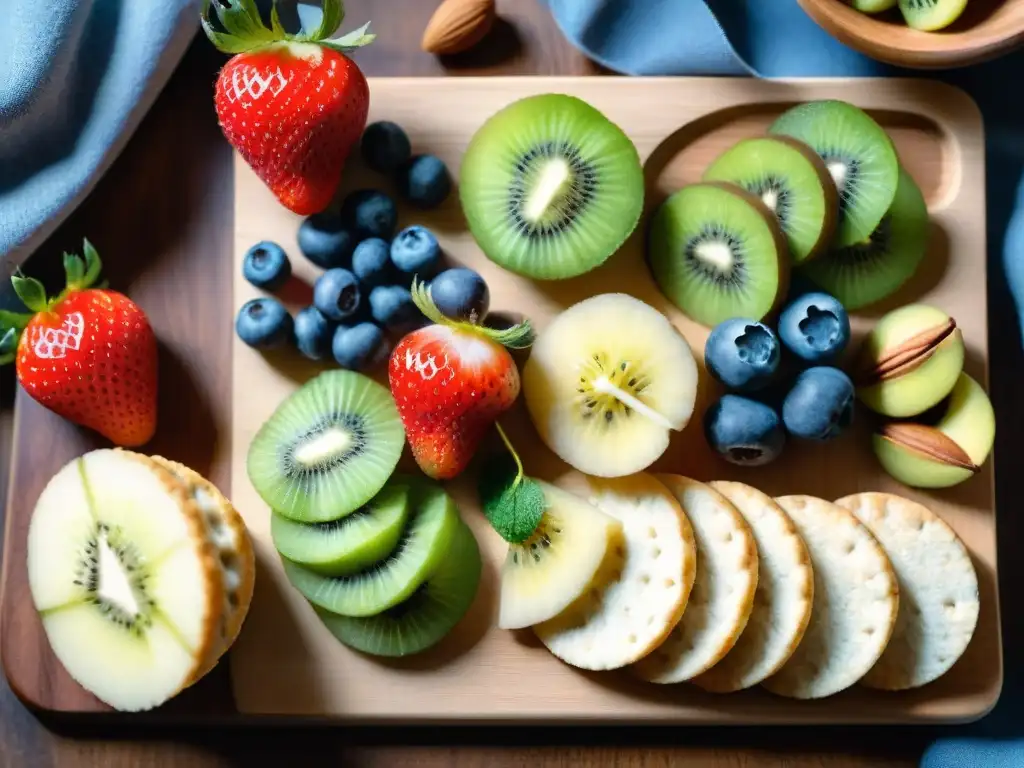 Delicias saludables: tentación colorida de snacks frescos y nutritivos Snacks saludables para combatir ansiedad alimentaria: Una variedad de frutas, frutos secos y semillas sobre una tabla de madera