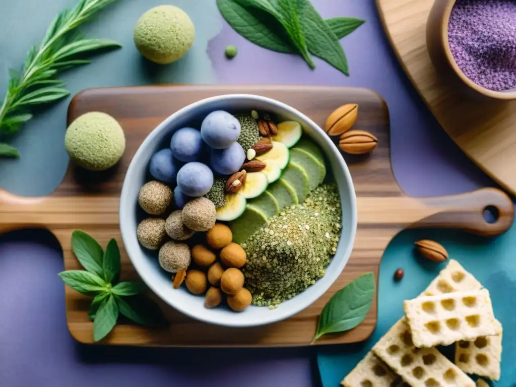 Deliciosos snacks saludables con adaptógenos en acuarela Snacks saludables con adaptógenos: Deliciosos bocados coloridos y vibrantes sobre tabla de madera con hierbas frescas y especias esparcidas