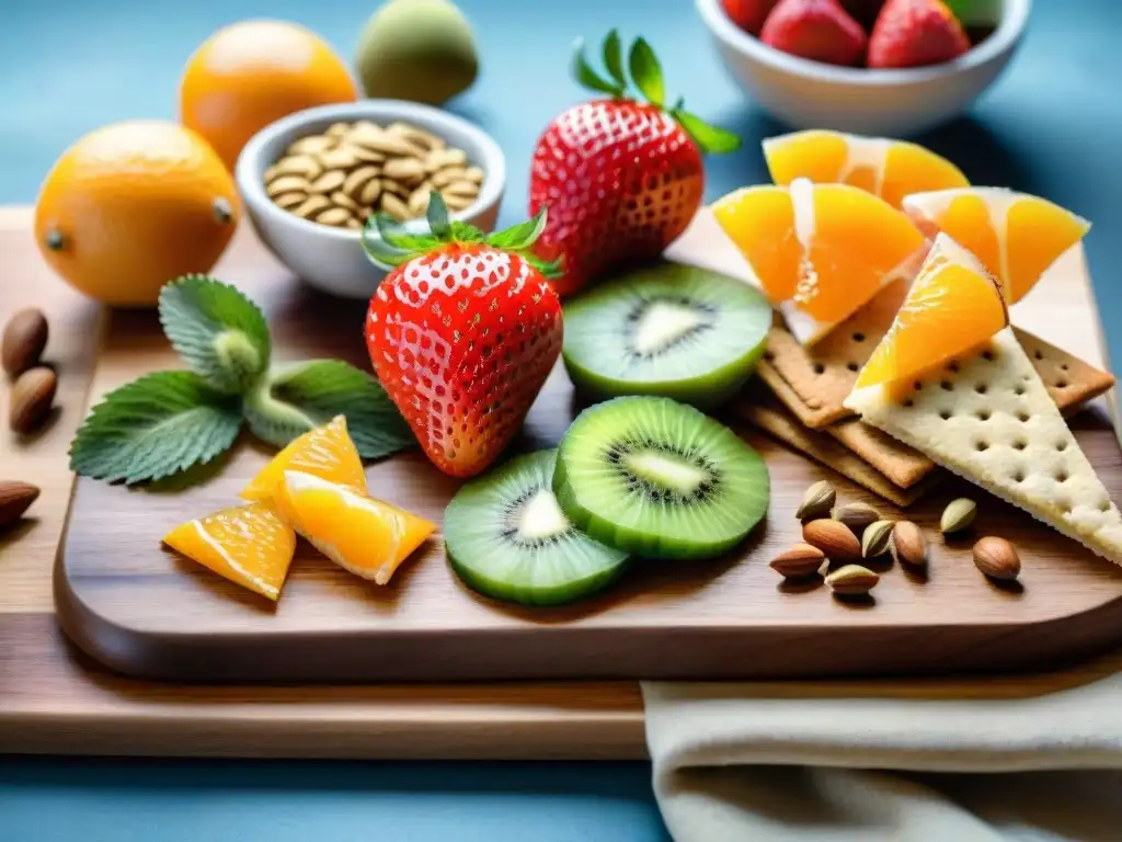 Snacks saludables para una dieta: Variedad de frutas, frutos secos y semillas en tabla de madera con luz natural