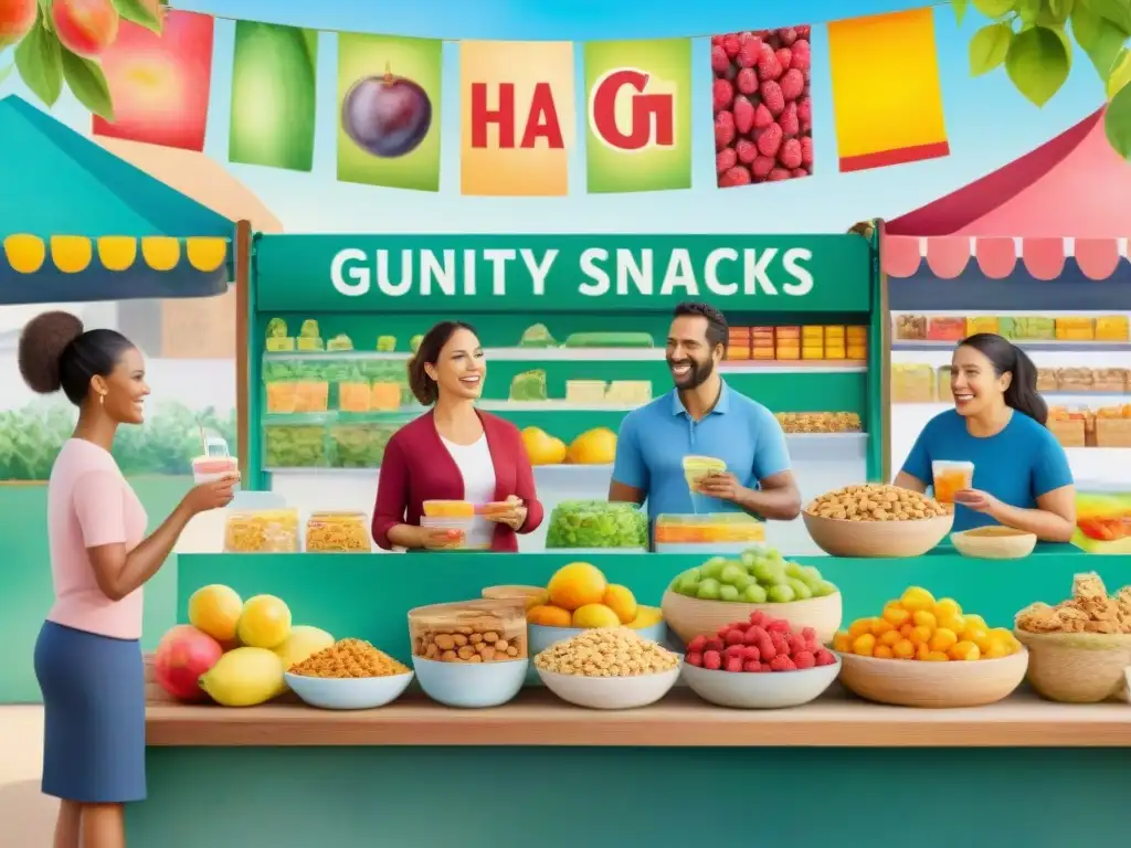 Degustación de snacks saludables en mercado vibrante Mejorar snacks saludables con feedback: Ilustración detallada de personas probando y evaluando variedad de snacks saludables en mercado vibrante