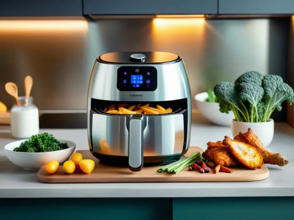 Delicias doradas: Air Fryer y snacks saludables en cocina elegante Snacks saludables con freidoras de aire: moderna freidora emitiendo un resplandor dorado en una cocina acogedora