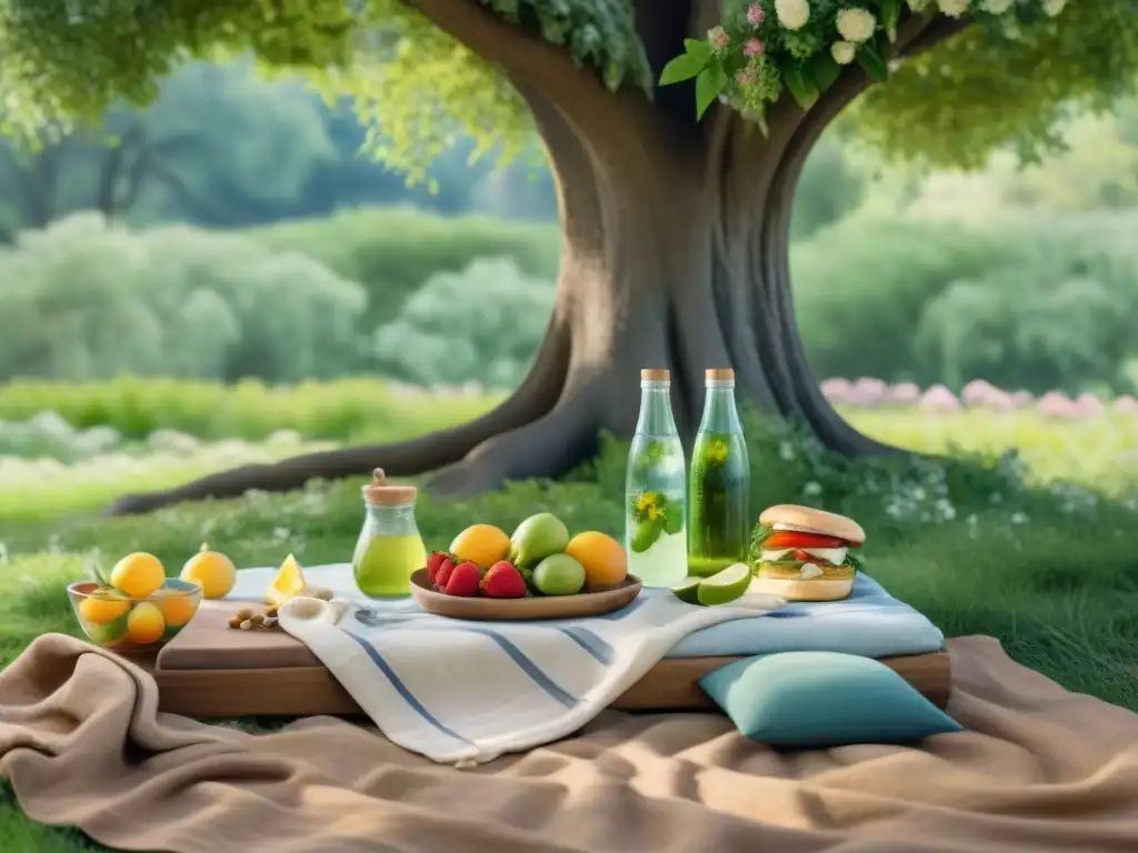 Picnic ecofriendly bajo árbol floreciente Disfruta de snacks saludables para picnic sostenible bajo un árbol floreciente en un parque soleado