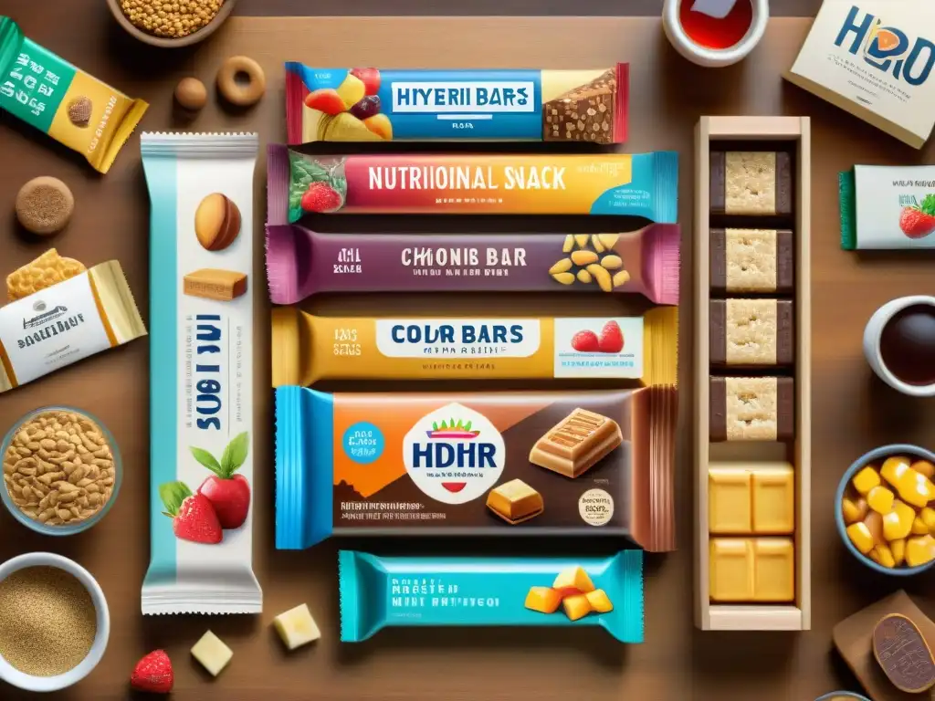 Barras de snacks saludables: detallada acuarela en escritorio de oficina Un surtido de barras nutricionales coloridas y saludables en un cajón de escritorio de madera, detalladas en acuarela