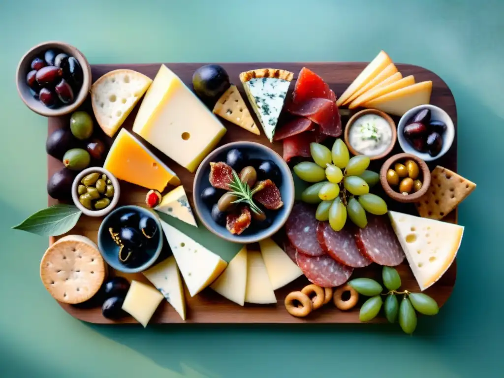 Tabla de embutidos gourmet: lujo y exquisitez en acuarela Una tabla de embutidos lujosa rebosante de snacks saludables exóticos importados