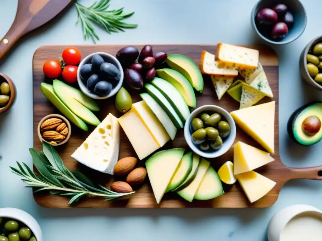 Deliciosa tabla keto: queso, aceitunas, nueces y aguacate Una tabla de embutidos keto con snacks saludables para perder peso