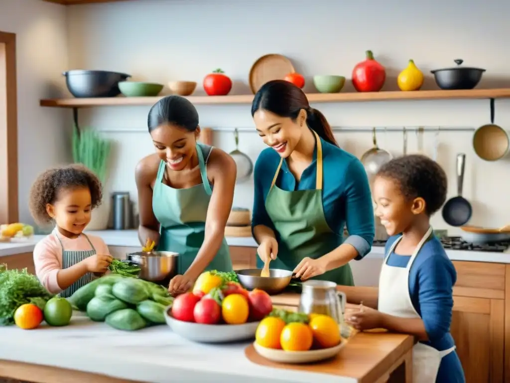 Un taller de cocina infantil con niños de diferentes orígenes preparando recetas snacks saludables en una cocina acogedora y luminosa