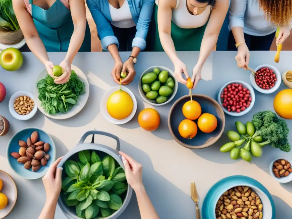 Taller comunitario de cocina con diversidad de personas y alimentos Un taller vibrante de cocina con personas diversas, rodeadas de frutas y vegetales coloridos, creando un ambiente de comunidad y aprendizaje