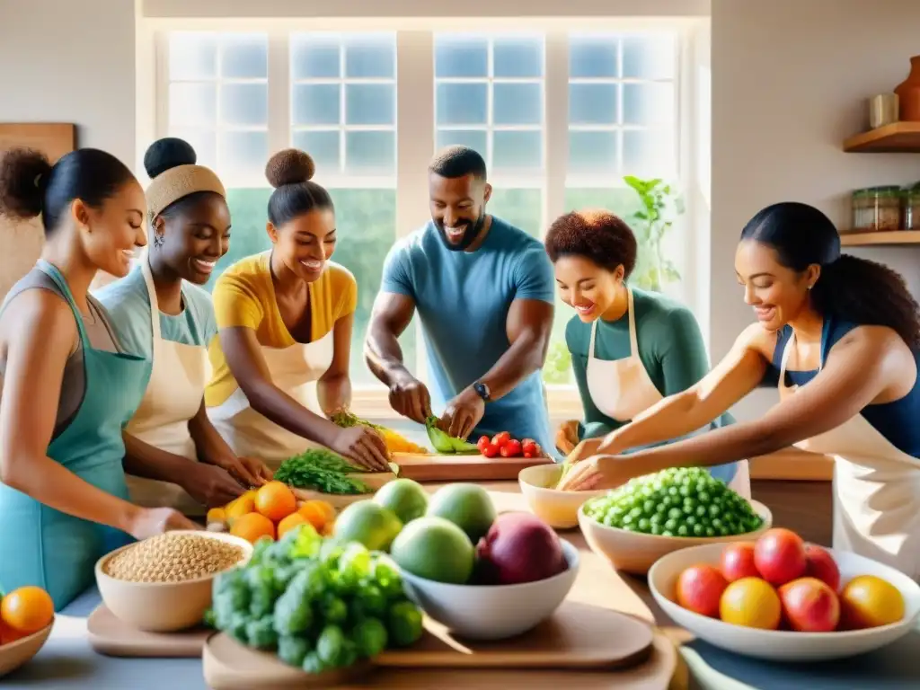 Taller de cocina saludable: diversidad y entusiasmo Un taller vibrante de preparación de snacks saludables experto, con gente diversa entusiasta, ingredientes frescos y coloridos