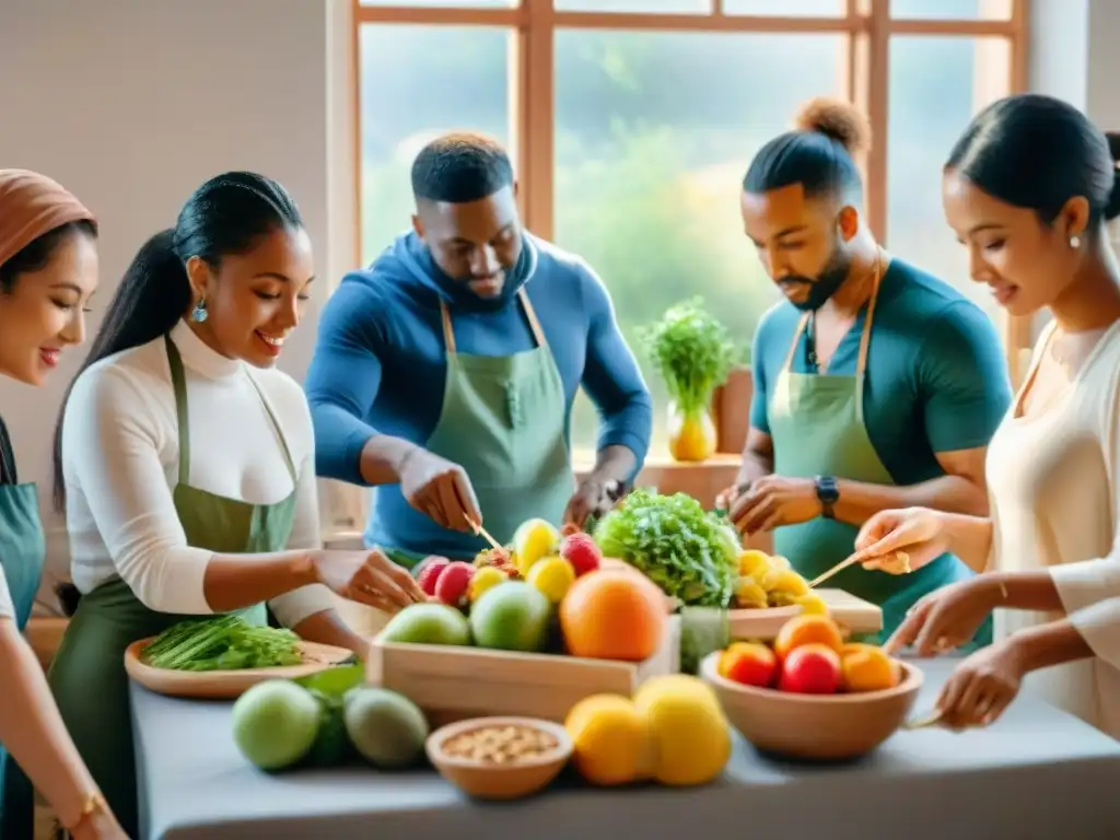 Taller saludable: personas crean snacks con frutas y verduras en acuarela Talleres de snacks saludables certificados: Grupo diverso participa en taller de cocina rodeado de frutas y verduras coloridas