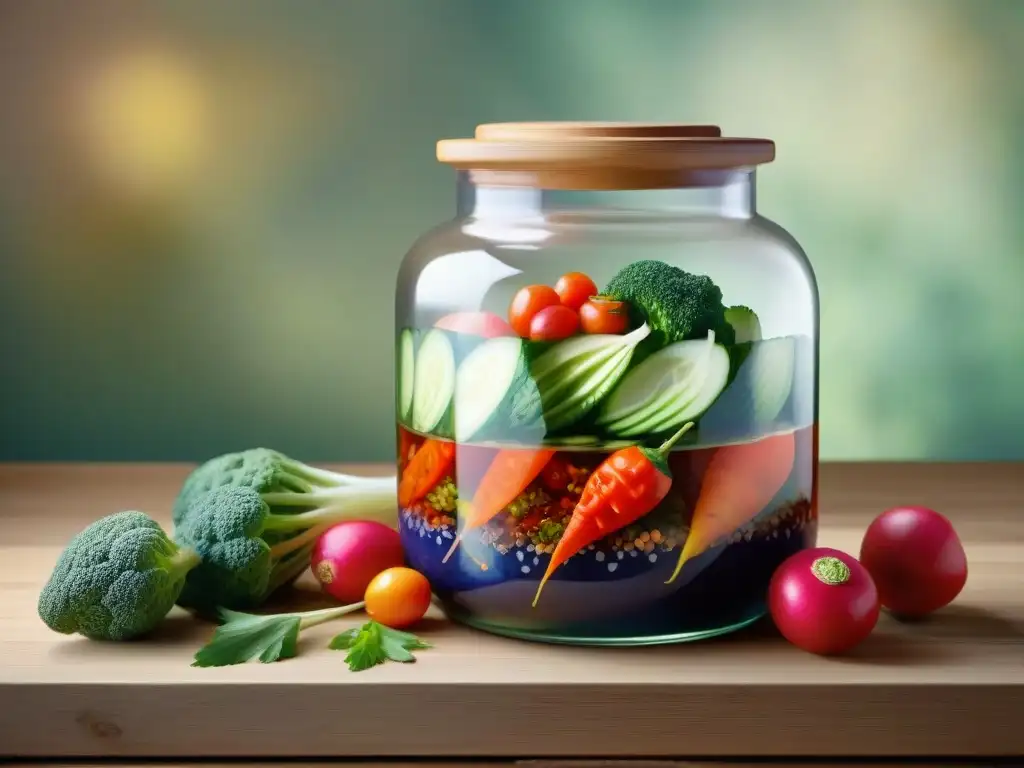 Jarra de kimchi: ilustración acuarela de un festín coreano Un tarro de cerámica coreana repleto de kimchi rodeado de ingredientes frescos y coloridos