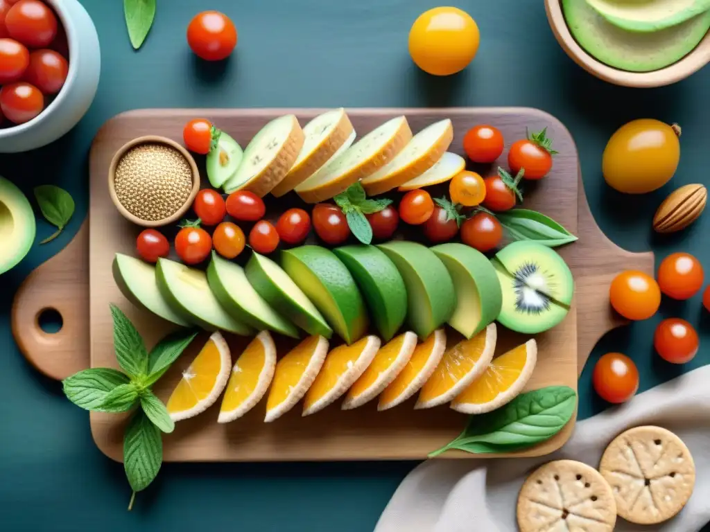 Un tentador bodegón de snacks saludables innovadores y deliciosos, con frutas, aguacate, tomates y frutos secos
