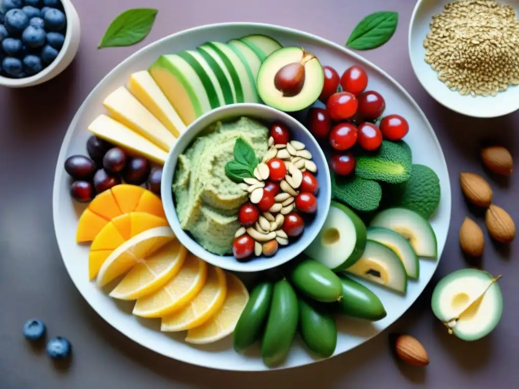 Deliciosa y colorida bandeja vegana: una obra de arte nutritiva Un tentador y equilibrado plato de snacks veganos saludables y equilibrados