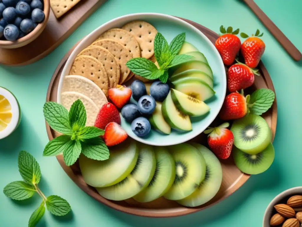 Un tentempié equilibrado y colorido con frutas, frutos secos y crackers integrales en acuarela