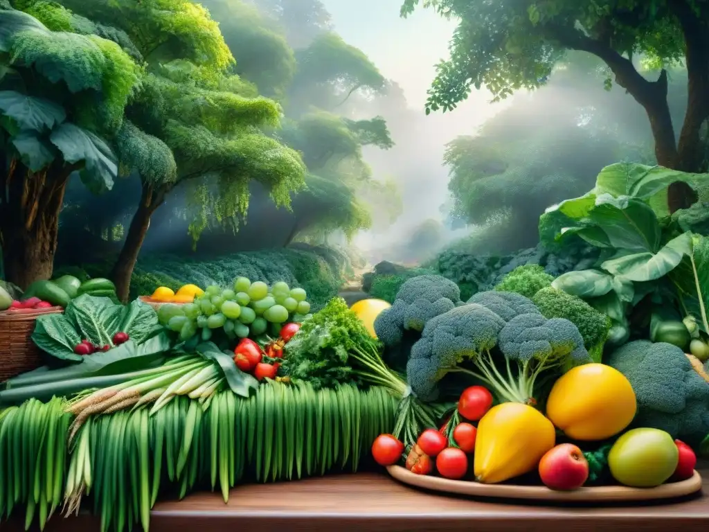 Un tranquilo bosque verde con frutas y verduras coloridas, un paraíso para los snacks saludables recetas expertos nutrición