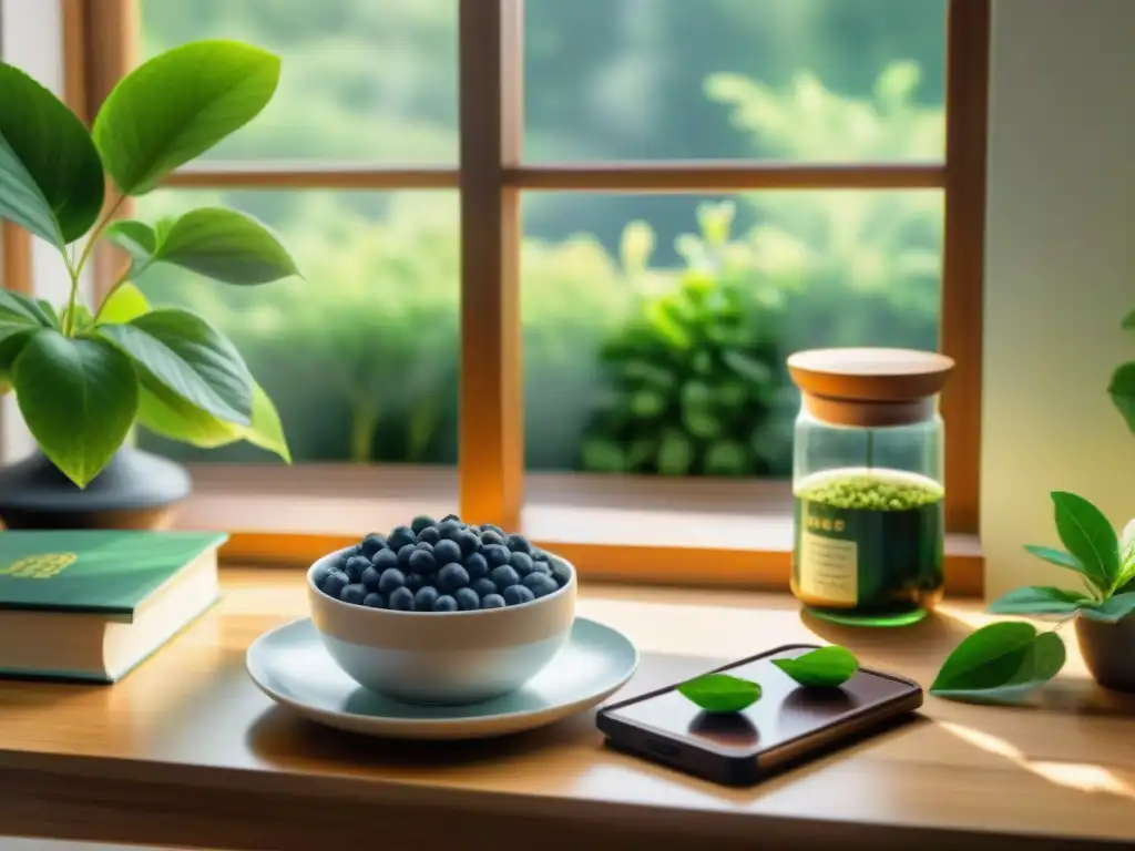 Estudio con snacks saludables para concentración y memoria Un rincón tranquilo con snacks saludables para mejorar concentración, libros de 'Neuroscience' y 'Nutrition', y una vista relajante al jardín