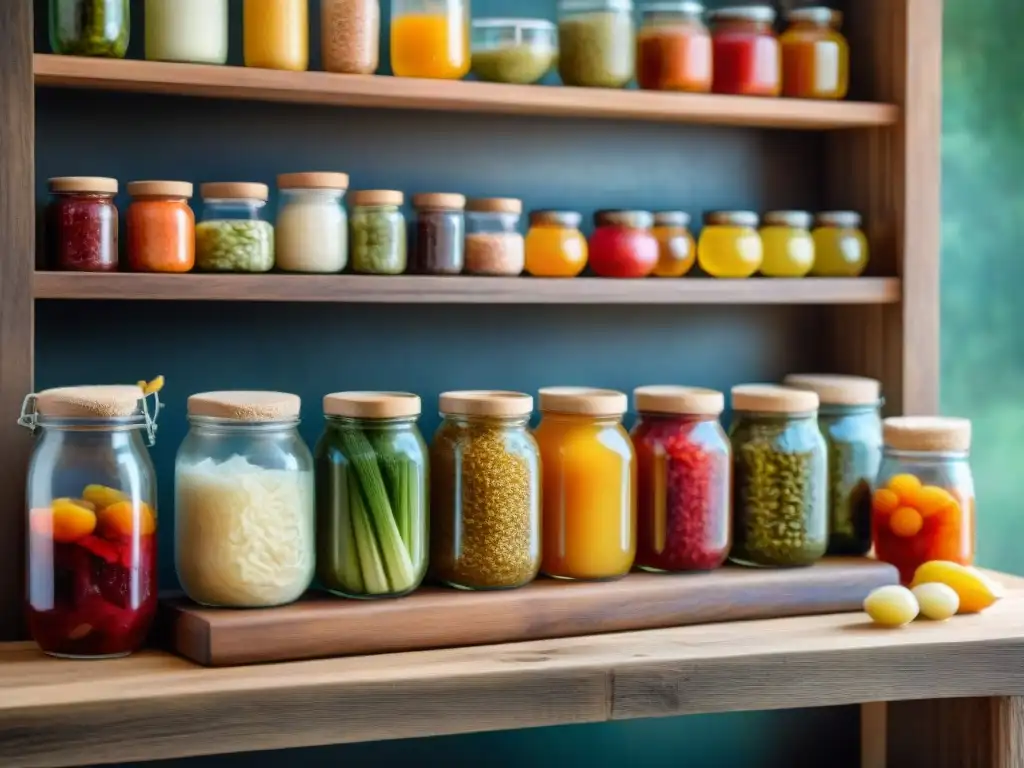 Deliciosas fermentaciones: kimchi, kombucha, sauerkraut y kefir Variada ilustración detallada de snacks fermentados en tabla rústica, evocando opciones saludables y artesanía