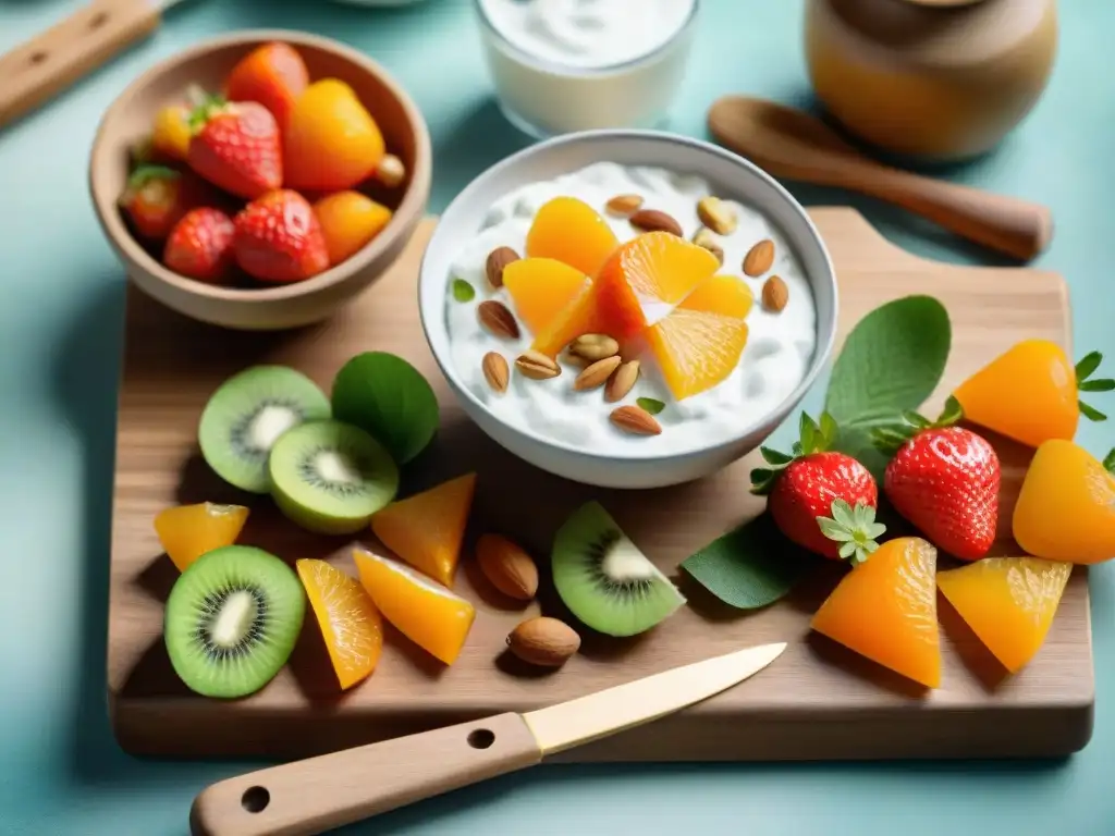 Variado bodegón de snacks saludables para una dieta en acuarela vibrante sobre tabla de madera