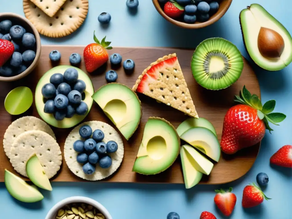 Un variado y colorido bodegón de snacks saludables para estudiar: frutas frescas, crackers integrales, tostadas de aguacate y frutos secos
