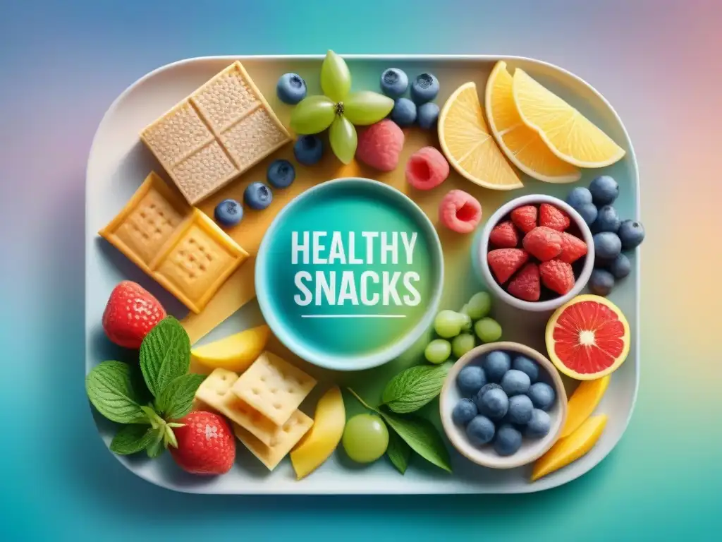 Deliciosos snacks saludables: innovación y color Una variedad colorida de snacks saludables, creados con biotecnología, en una ilustración detallada acuarela