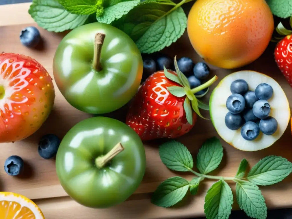 Bodegón de frutas y verduras vibrantes en acuarela Una variedad de frutas y verduras vibrantes y coloridas dispuestas con detalle en una tabla de cortar de madera