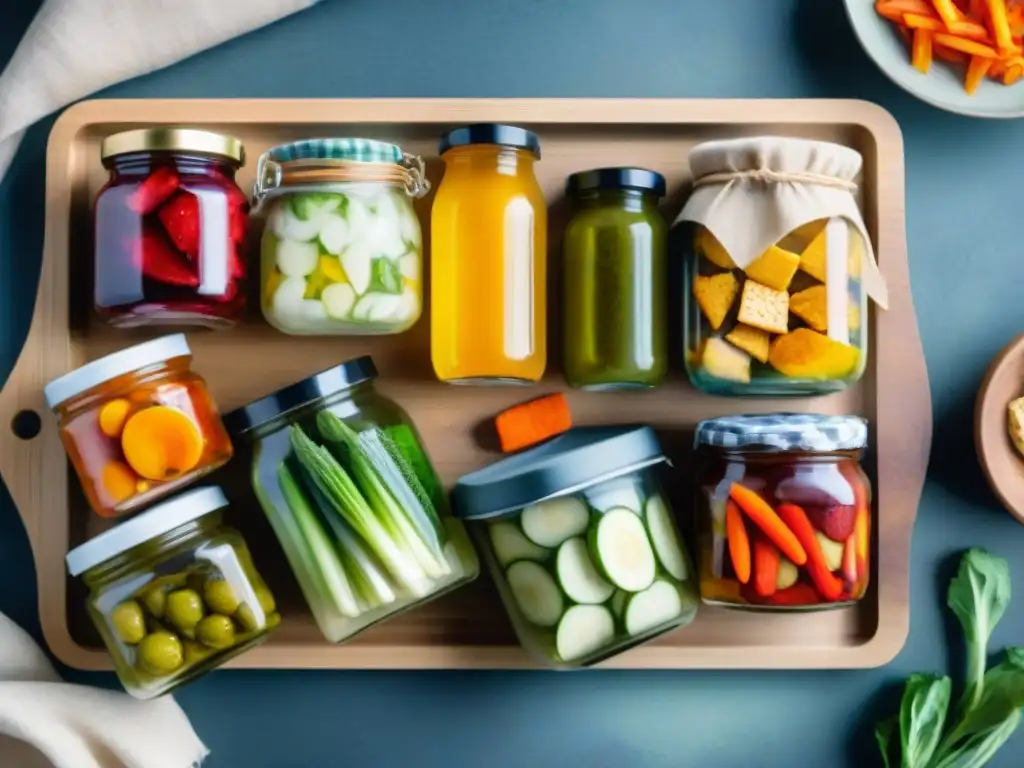 Deliciosas opciones de snacks fermentados en acuarela Una variedad de opciones saludables de snacks fermentados en una tabla de madera: kimchi, galletas de masa madre, kombucha y encurtidos