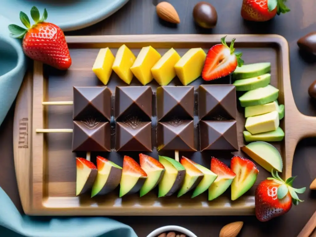 Deliciosas meriendas de chocolate en acuarela detallada Una variedad de snacks saludables con chocolate exquisitamente dispuestos en una tabla de madera