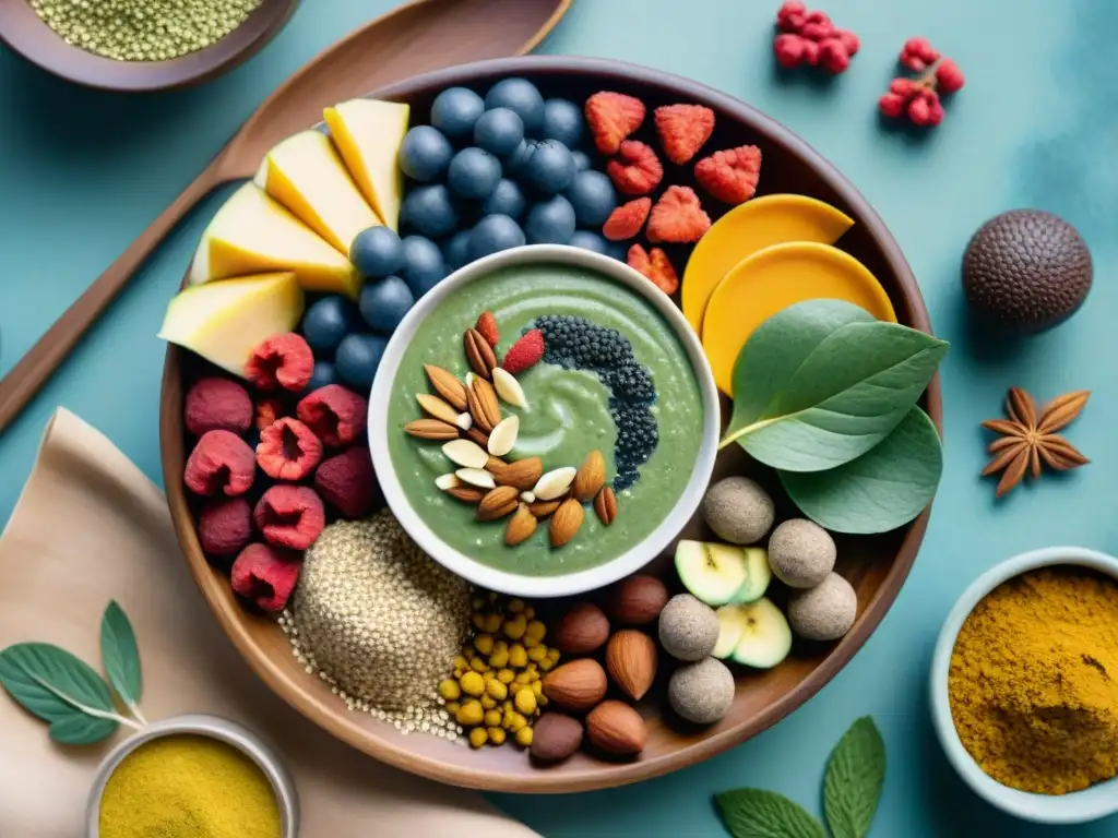 Deliciosos snacks saludables con superalimentos en acuarela Deléitate con una variedad de snacks saludables y coloridos con beneficios adaptógenos