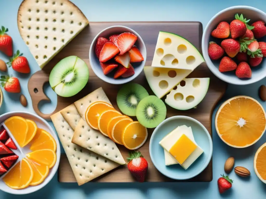 Variedad de snacks saludables para una dieta sobre tabla de madera