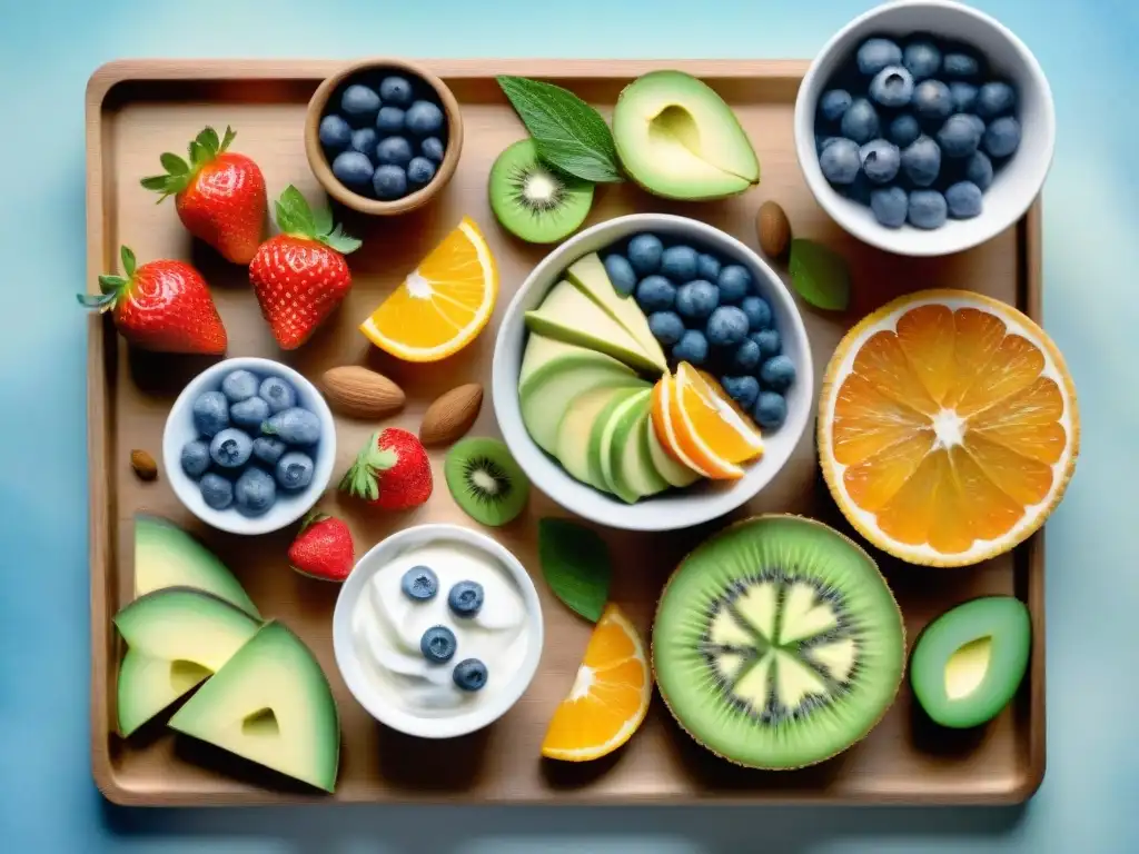 Una variedad de snacks saludables para una dieta, ilustrados en acuarela