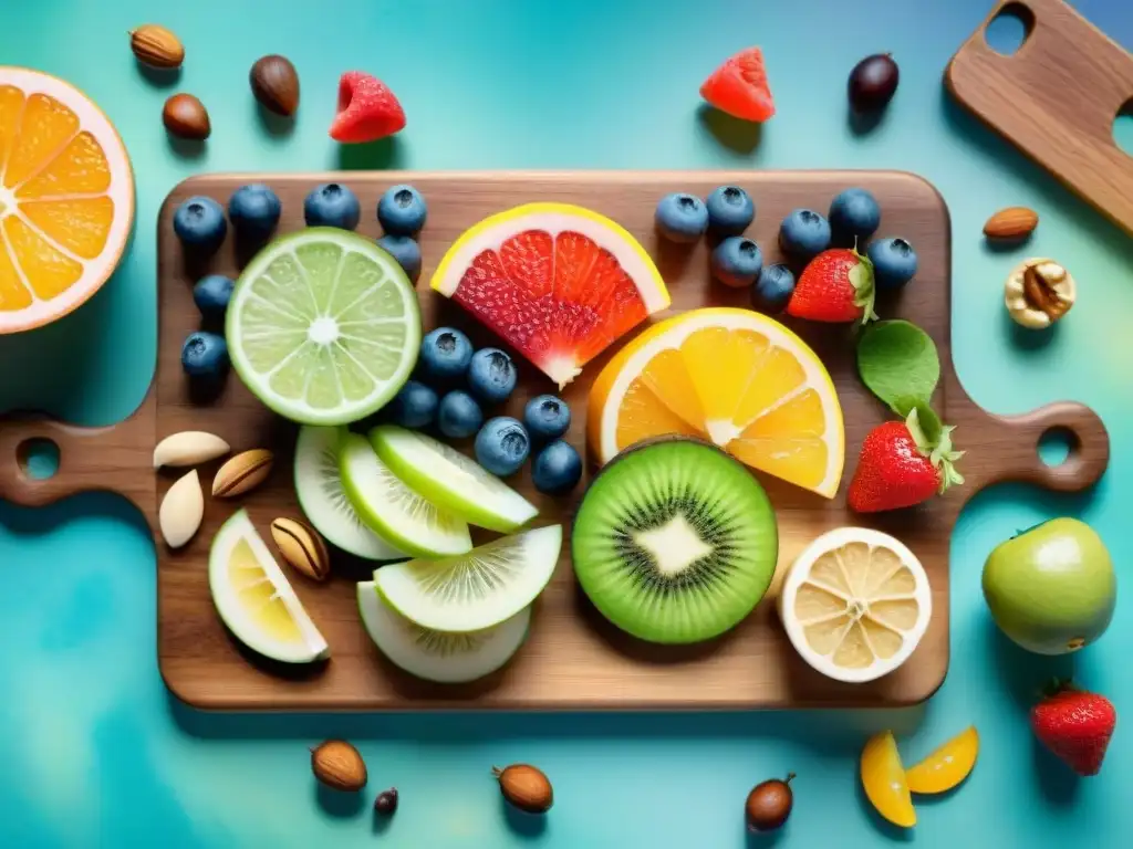 Bocados saludables ricos en electrolitos: ilustración detallada Una variedad de snacks saludables con electrolitos: frutas, frutos secos y barras energéticas en una tabla de madera con colores vibrantes
