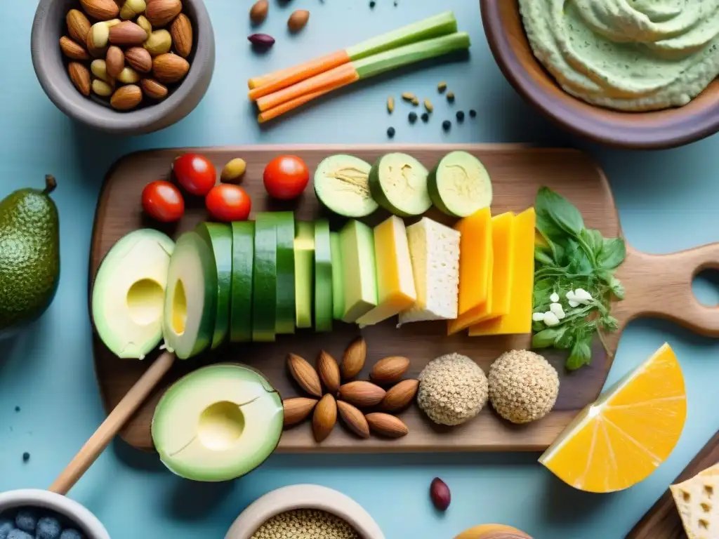 Deliciosos snacks veganos en acuarela Una variedad de snacks veganos saludables y equilibrados sobre tabla de madera