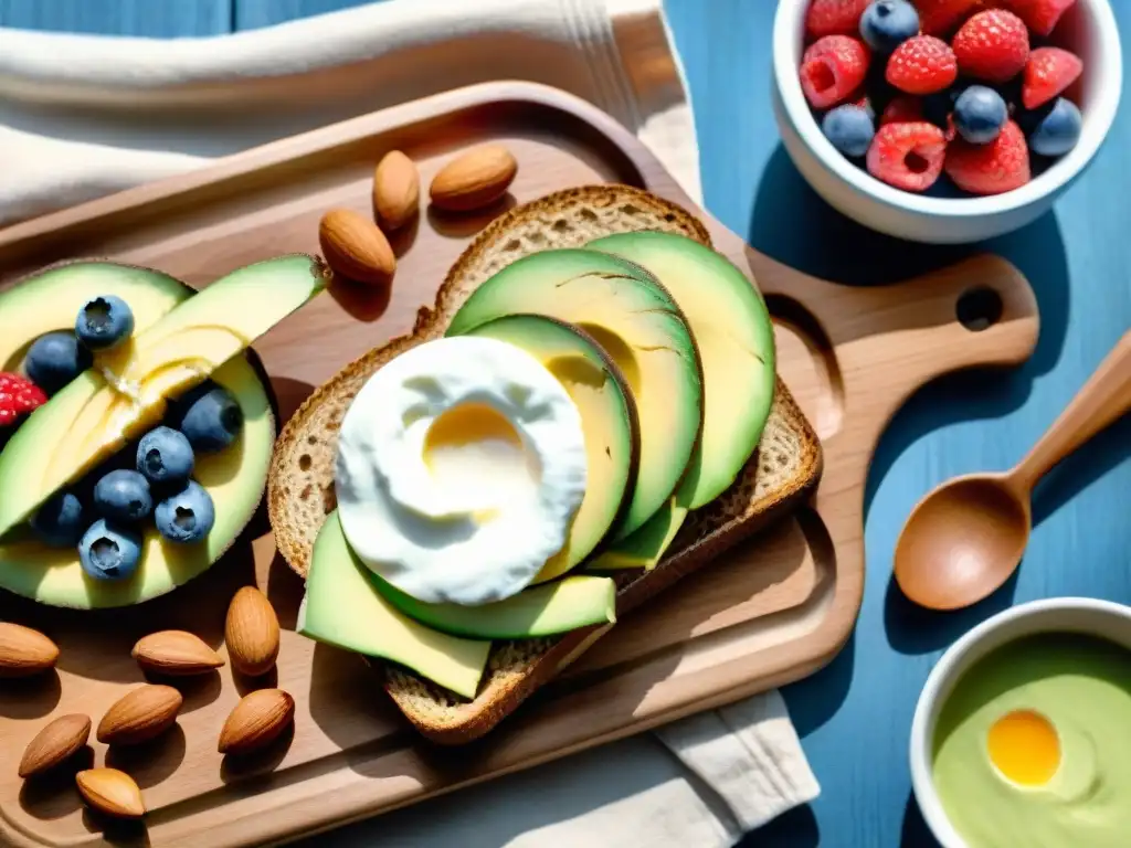Deliciosa variedad de snacks saludables en acuarela Una variedad vibrante de snacks saludables para mejorar concentración, dispuestos elegantemente en tabla de madera