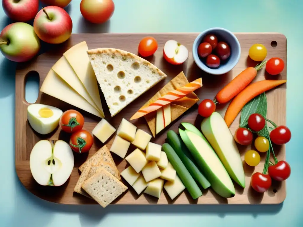 Bocadillos saludables en acuarela Una variedad vibrante de snacks saludables para niños impacto dispuestos de forma atractiva en una tabla de madera