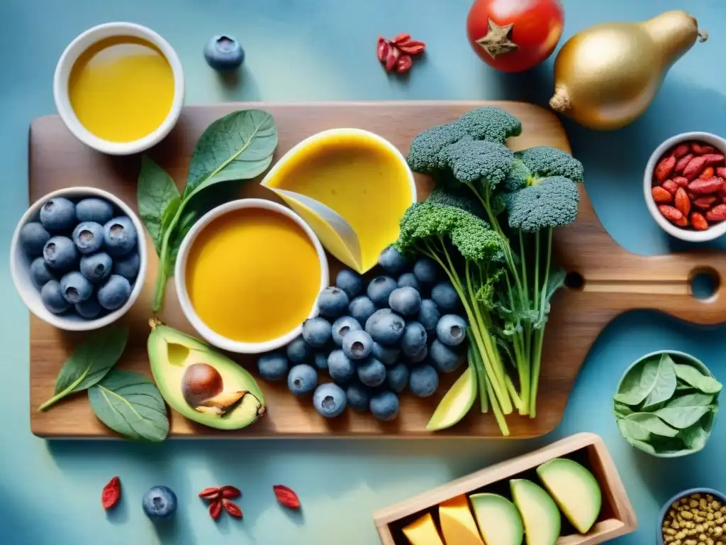 Arreglo vibrante de superalimentos en acuarela detallada Una variedad vibrante de snacks saludables sin gluten en una ilustración detallada de acuarela