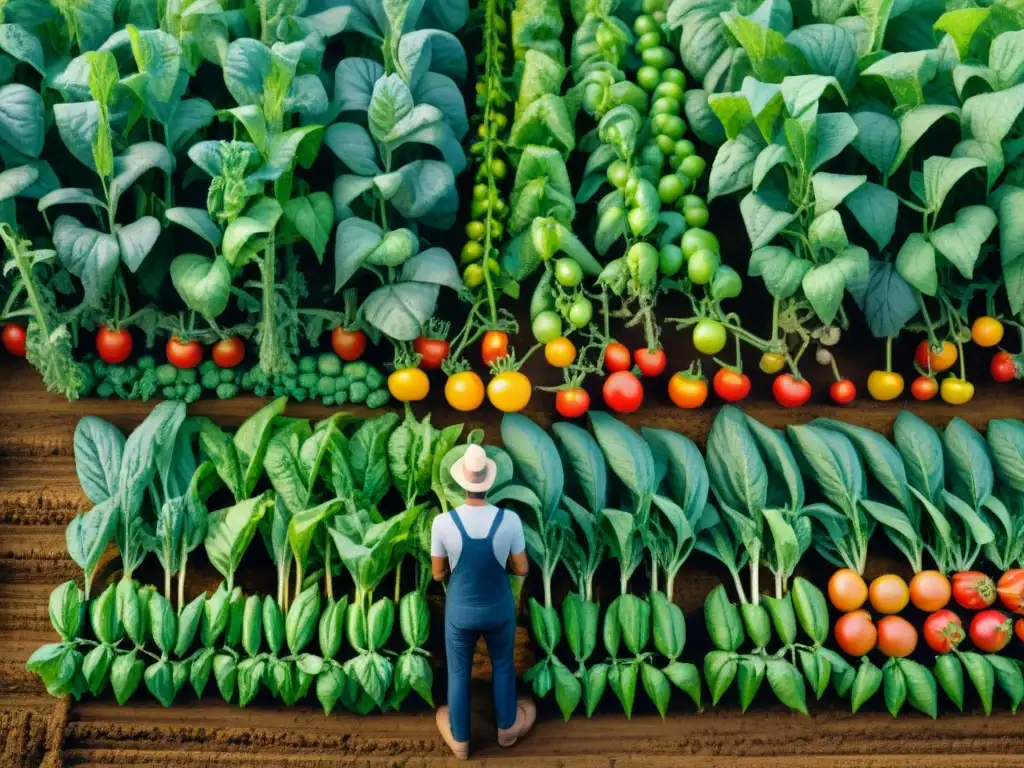 Armonía agrícola: agroforestería diversa y sostenible Un vergel de agricultura regenerativa con ingredientes snacks saludables: tomates, verduras y árboles frutales