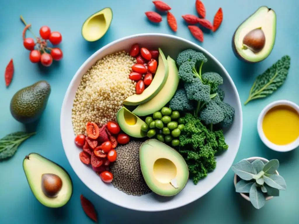 Ingredientes saludables en acuarela: quinoa, chía, kale y más Una ilustración vibrante en acuarela de ingredientes innovadores para snacks saludables como quinoa, semillas de chía, kale, bayas de goji y aguacate