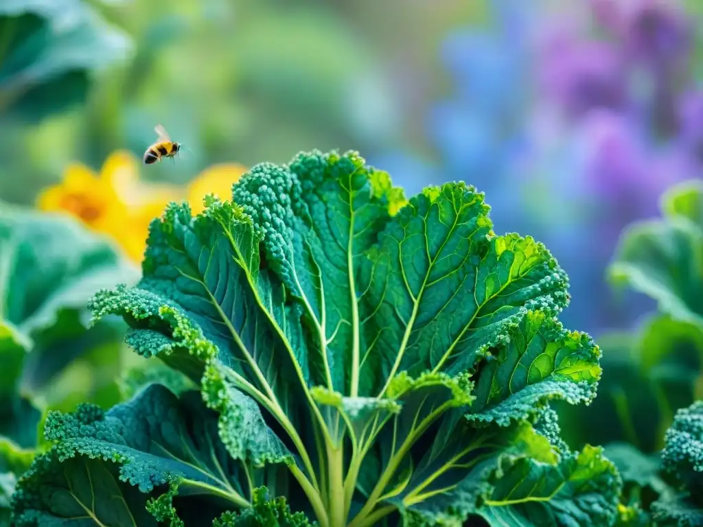 Jardín de kale vibrante: ilustración acuarela detallada Jardín de kale vibrante en acuarela con mariposas y abejas, evocando frescura