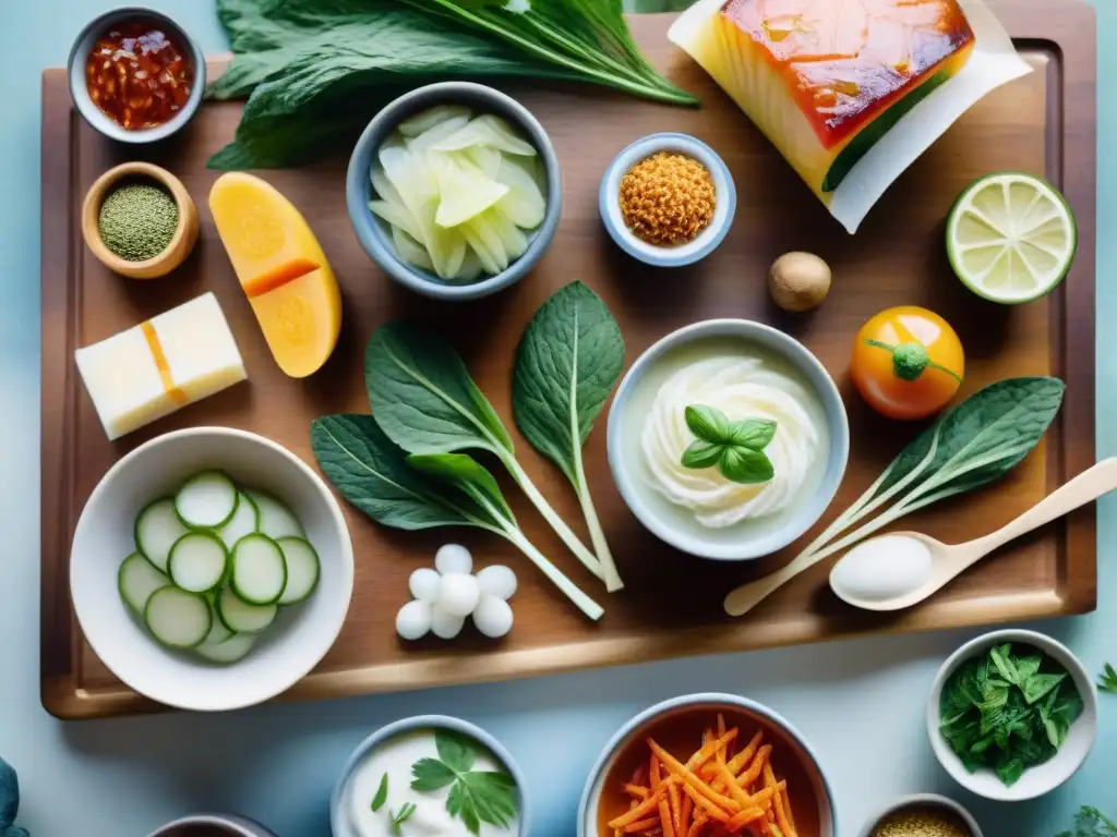 Deliciosos snacks fermentados: arte culinario y salud intestinal Una ilustración vibrante en acuarela de snacks fermentados para salud intestinal, meticulosamente detallados en un tablero de madera