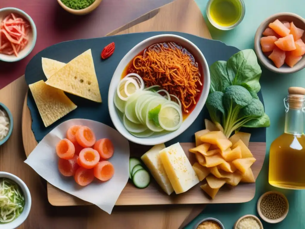 Delicias fermentadas: kimchi, kombucha y sauerkraut coloridos Una ilustración vibrante en acuarela de snacks saludables fermentados deliciosos como kimchi, kombucha y sauerkraut en un plato de madera