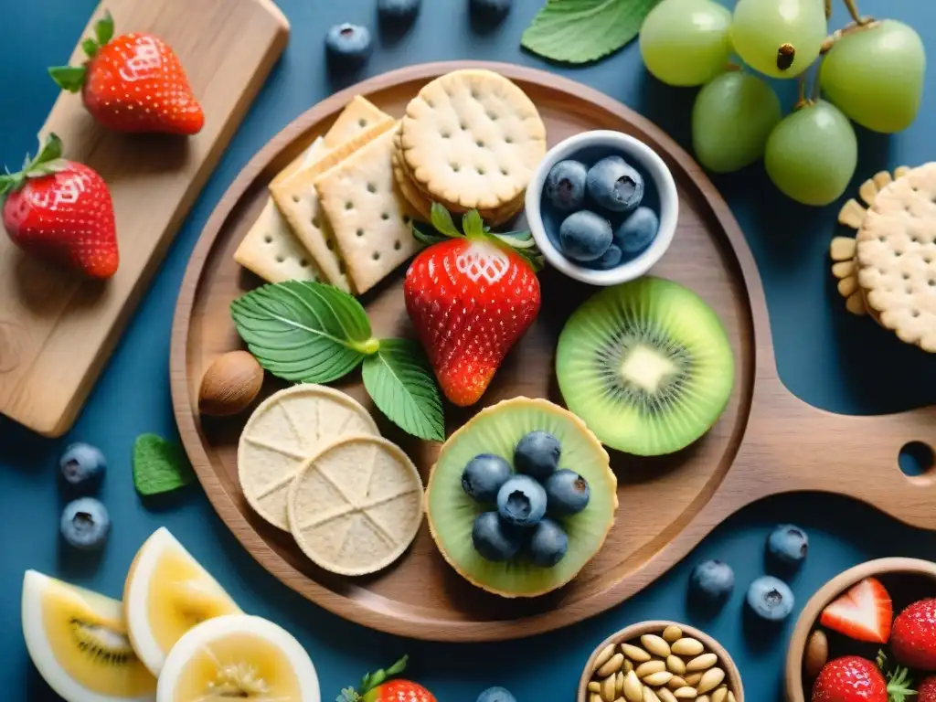 Bodegón saludable: snacks coloridos y vibrantes en tabla de madera Una ilustración vibrante en acuarela de snacks saludables opciones recomendadas dispuestos artísticamente en una tabla de cortar de madera